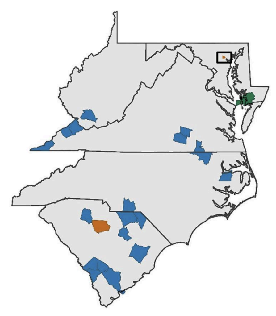 A map of Region 5, showing county jurisdictions considered in publication Digital Access Deficiencies in Rural Health Care Deserts: Identifying a Role for Telehealth